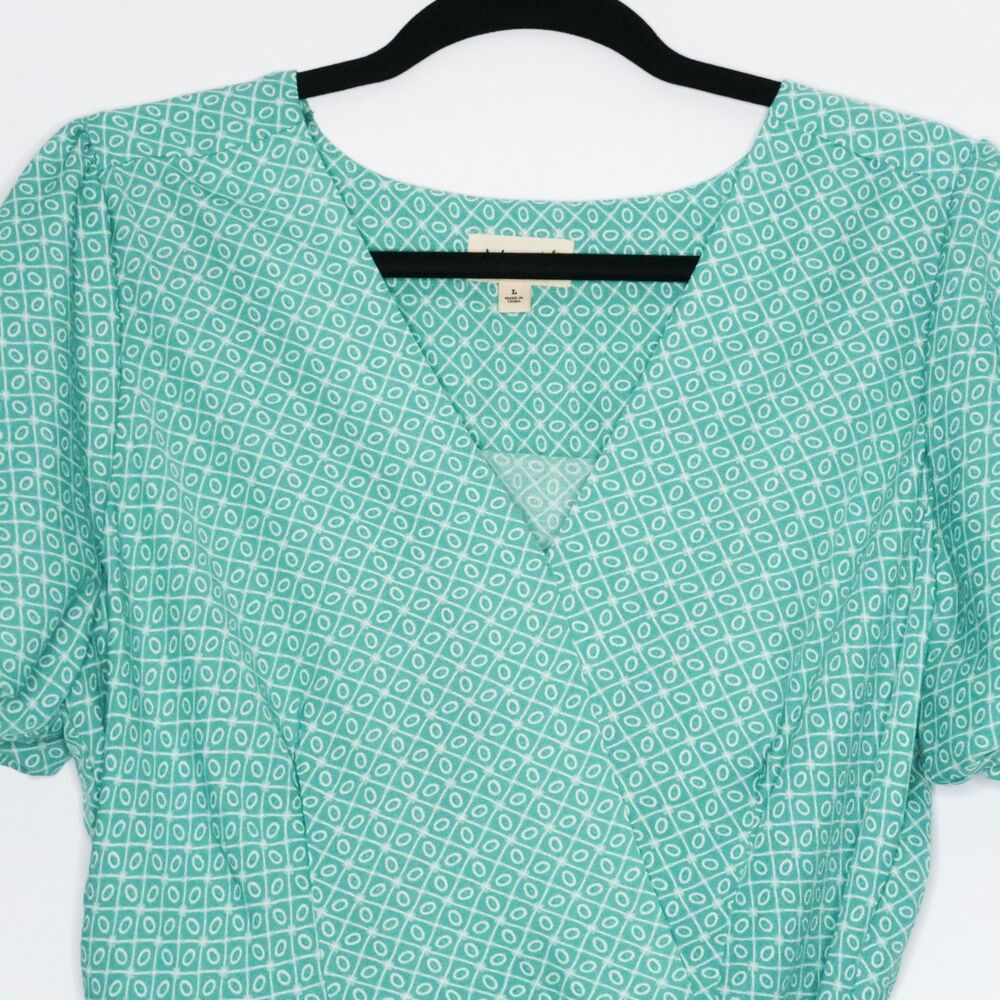 Meraki Womens‎ Blouse Size Large Teal Green Geometric Peplum Tie Waist Boho - Picture 5 of 8